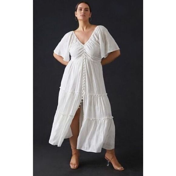 Anthropologie Tiered Maxi Dress White Dress Fit&Flare open back sz 3X - Picture 1 of 15